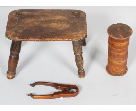 A Victorian turned wood four tier spice tower, mid 19th century, with screw top, labelled for Cloves, Mace, Cinnamon and Nutm