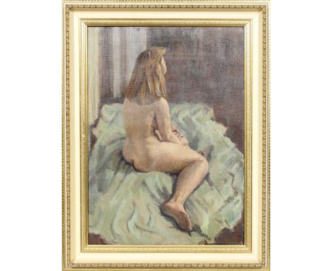 British 20th century school, oil on canvas, female nude, the reverse of the canvas with two women in 1950's/60's dress, inscr