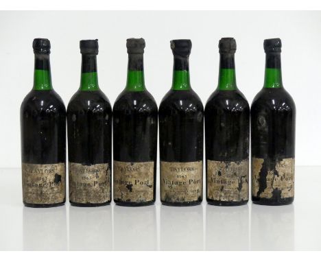 6 bts Taylors 1963 Vintage Port ms/ts, chipped/damaged wax, bs