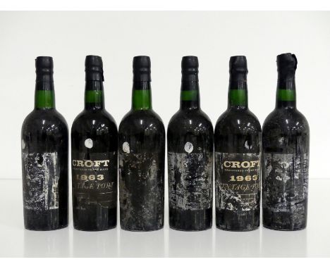 6 bts Croft 1963 Vintage Port 3 hf/i.n, 3 i.n, cdl / pt dis, ID from damaged capsules