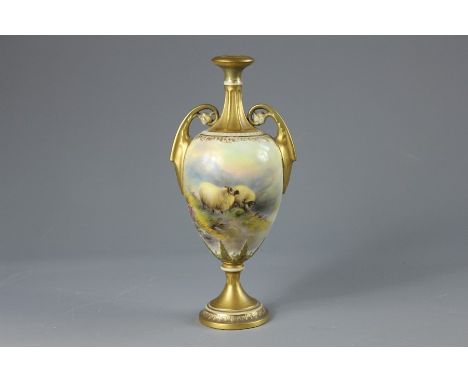 A Royal Worcester twin-handled vase, finely painted by Harry Davis, the ovoid vase depicts an atmospheric Highland landscape,