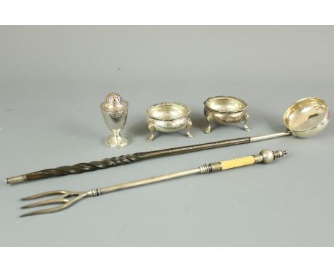 Georgian silver cruet, comprising two salts, London hallmark, dated 1766 and a pepper London hallmark, dated 1810 together wi