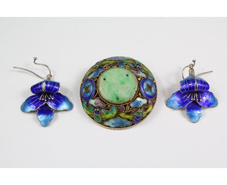 Chinese gilded silver jade and enamel brooch, the brooch depicting bats and clouds, approx 40 mm, approx 15.5 gms together wi