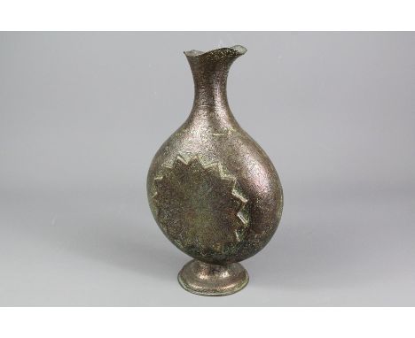 Kashmir copper moon flask jug, approx 27 cms, with incised foliate engraving.