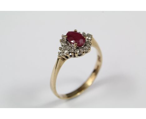 Vintage 9ct yellow gold ruby and diamond ring, the ring set with a ruby approx 6 x 4mm and 22 pts of 8-cut dias, size O, appr