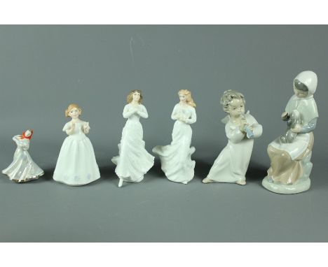 Miscellaneous porcelain figures; including a Nao figure of a girl with rabbit, Lladro angel with flute, Royal Doulton figures