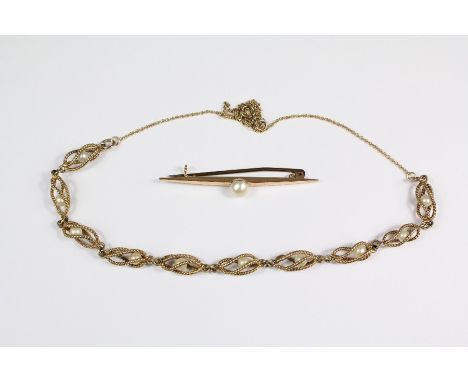 9ct yellow gold and pearl basket necklace, approx 40 cms, approx 7.6 gms together with a 15ct gold tie pin approx 3 gms.