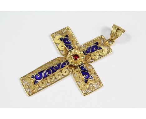 An 18ct yellow gold and enamel cross pendant, approx 55 x 45 mm, approx 12 gms