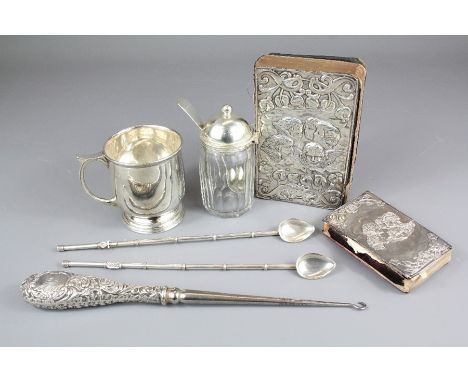 Miscellaneous silver; including blue enamel and silver compact; silver handled button hook, two sorbet straws and a silver-co