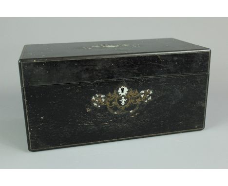 19th century ebony tea double tea caddy, with decorative mother of pearl inlay with brass, mixing bowl missing, approx 33 x 1