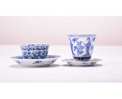 An assembled group of Chinese blue and white porcelain, KangxiIncluding a teabowl and saucer of lobed form and decorated with