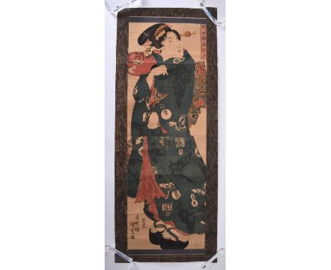 Utagawa Kunisada (1786-1865), nine woodblock portrait diptych printsEach of a lady, unframed and with patterned paper borders