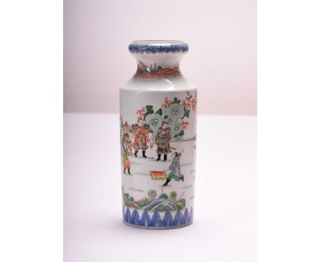 A Chinese famille verte vase, Kangxi mark but probably RepublicOf cylindrical form with rounded rim, decorated with a continu