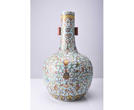 A Chinese famille rose vase, tianqiuping, Jiaqing seal mark but late 19th centuryOf bottle form, the neck with applied tubula