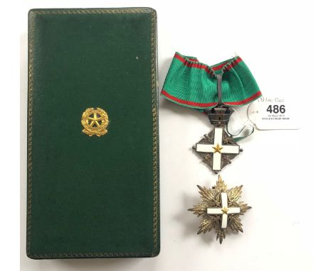 Italian Republic Order Of Merit cased set.A fine neck badge, with watered silk red edged green neck ribbon, and hinged pin ba