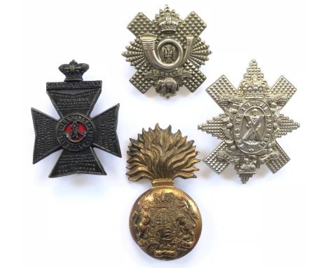 Four Victorian glengarry badges.Black Watch ... Royal Scots Fusiliers ... Highland Light Infantry ... King’s Royal Rifle Corp