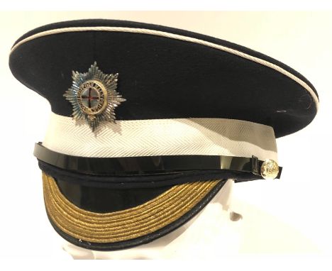 Coldstream Guards Warrant Officer 2 Dress Cap.A post 1953 example dark blue body with white cap band mounted with a silvered 