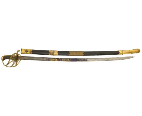 George IV 1822 Pattern Infantry Sword Variant with Blue &amp; Gilt Blade.A rare 1822-1830 period example. The piped back sing