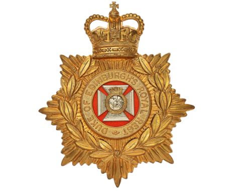 Duke of Edinburgh’s Royal Regiment EIIR Corps of Drums/Band helmet plate.A good brass example. Crowned star bearing laurel sp