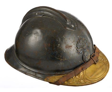 French WWI  Infantry Adrian Pattern steel helmet.A good example retaining original blue painted finish, Infantry Cap Badge, l