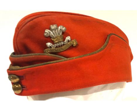 10th Royal Hussars Officer’s Pattern Field Service Side Cap with bi-metal Badge.A good example, the cap of scarlet cloth, wit
