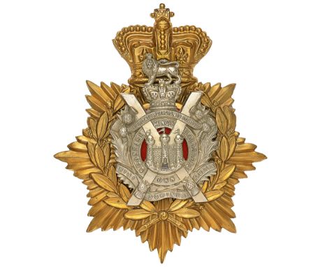 King’s Own Scottish Borderers Victorian OR’s helmet plate circa 1887-1901.A good die-stamped bi-metal example. Brass star  mo