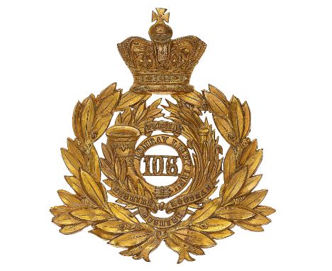 106th (Bombay Light Infantry) 1869-78 Officer’s shako plate.A good scarce example. Within a gilt crowned laurel sprays, a cur
