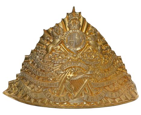 5th Royal Irish Lancers OR’s lance cap plate circa 1905-14.A good and scarce die-stamped brass  example. Triangular fluted pl