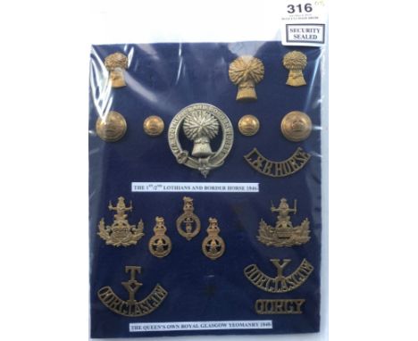 Card of Lothian and Border Horse and QO Glasgow Yeomanry insignia.A good selection of cap badges, Pipers glengarry, button, c