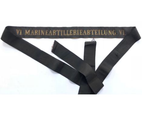 Imperial German WW1 marine artillery naval cap tally / ribbon.A good rare black silk 114cm example centrally embroidered in g