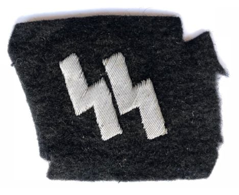 German Third Reich SS Officer’s collar patch insignia.Scarce heavily embroidered aluminium silver wire SS Sigrunen on black f