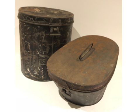 British Army Officer’s Busby &amp; Shako Storage Tins.Comprising: metal storage tin with tailor’s details of Hamburger Rogers