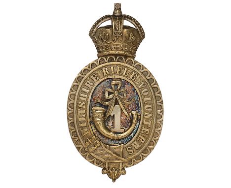 1st Wiltshire Rifle Volunteers Edwardian Officer’s pouch belt plate circa 1901-08.A good scarce die-cast lightly silvered exa