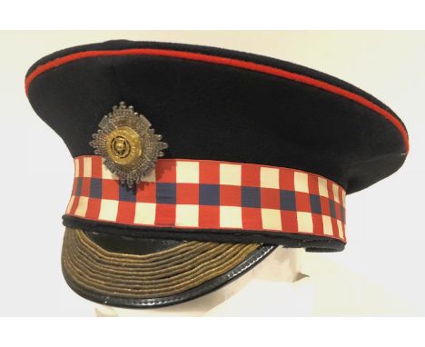 Scots Guards Warrant Officer 1 Dress Cap.A post 1953 example dark blue body with diced cap band mounted with a silvered and g