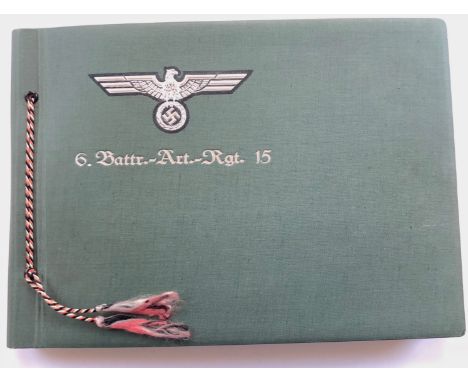 German Third Reich 6th Battalion Artillery Regiment 15 Snap Shot Photograph Album.A good quality Regimental album, printed wi