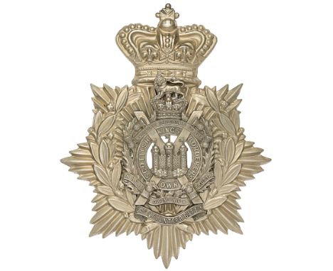 2nd (Berwickshire) VB King’s Own Scottish Borderers Victorian OR’s helmet plate circa 1887-1901.A good scarce die-stamped whi
