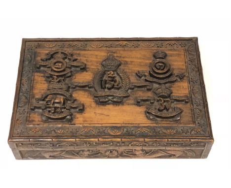 Indian Army Carved Cigar Box.A good quality wood table cigar box carved with the regimental badges of: 2/152 Punjabis, 67 Pun