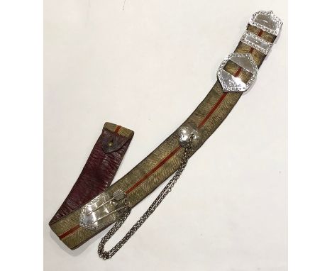 Light Cavalry Officer’s Silver Mounted Pouch Belt.A Victorian example, gold “herringbone” lace with red central stripe, indic