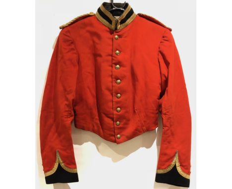 Scottish. Lothian and Berwickshire Yeomanry Cavalry Victorian Stable Jacket. An unusual example.  Scarlet cloth, with dark bl