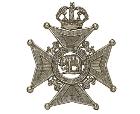 Indian Army. South Indian Railway Volunteer Rifles head-dress badge.A good die-stamped white metal example. Guelphic crowned 