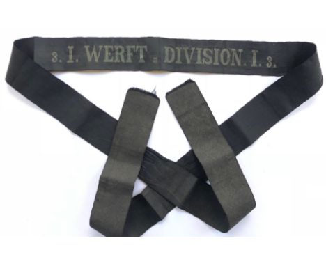 Imperial German WW1 shipyard division naval cap tally / ribbon.A good rare black silk 112cm example centrally embroidered in 