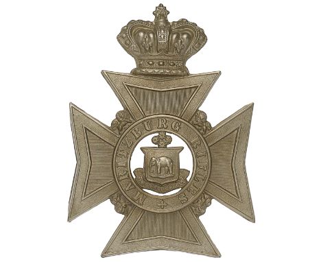 South Africa. Maritzburg Rifles Victorian pre 1889 OR’s helmet plate.A good die-stamped white metal example. Crowned Maltese 