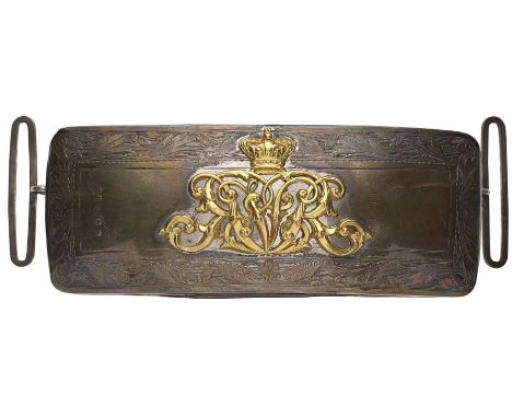 Victorian Cavalry Officer’s Pouch.The silvered flap, bearing various Birmingham hallmarks, is mounted with gilt reversed entw