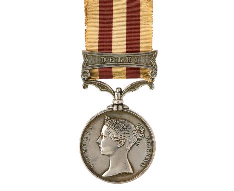 52nd (Oxfordshire) Light Infantry Indian Mutiny Medal Clasp “Delhi”Awarded to “W. LAWRANCE 52ND L.I”. With original ribbon. P