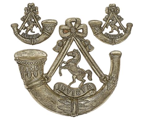 West Kent Light Infantry Militia Victorian OR’s glengarry badge and pair of collars.A fine and scarce pre 1881 white metal ex
