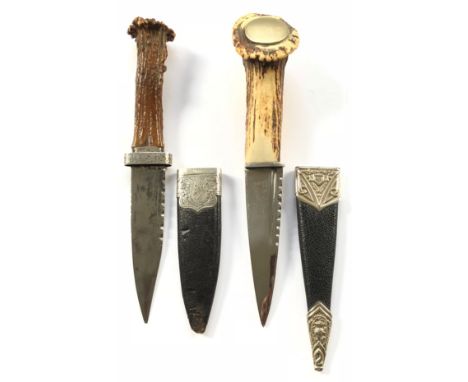 Scottish. 2 x horn handled Skein Dhus, one silver mountedA good example with clipped back plated blade by Nowill &amp; Sons, 