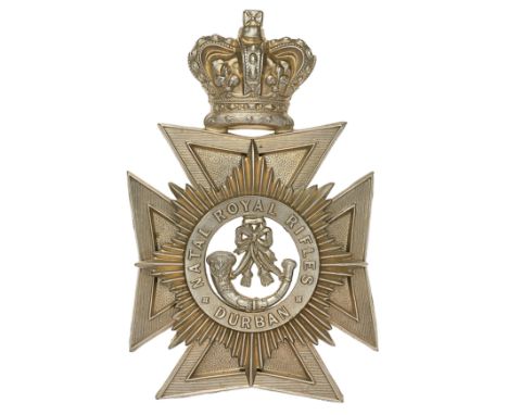 South Africa. Natal Royal Rifles Durban Victorian pre 1895 OR’s helmet plate.A good die-stamped white metal example. Large cr
