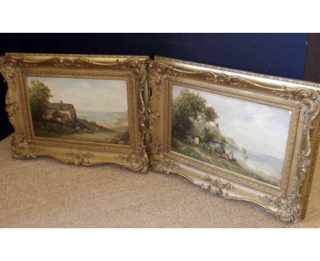 F. R. Offer, 19th century - Coastal views with cottages and figures, oil on board in gilt frames, a pair (2). A condition rep