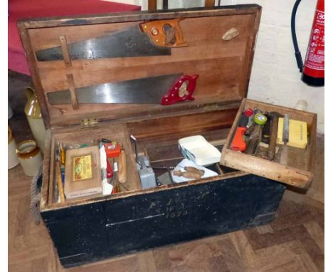 Pine tool chest and a quantity of tools. A condition report is not available for this lot.  Damage, defects, restoration or o