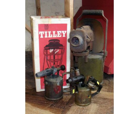 Five pint blow lamp and two smaller ones and a tilley lamp. A condition report is not available for this lot.  Damage, defect